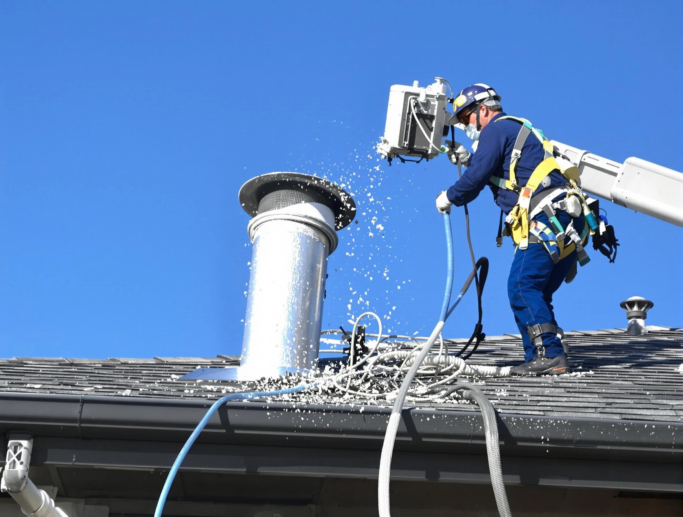 Commerce City Dryer Vent Cleaning certified technician safely cleaning a roof-mounted dryer vent in Commerce City