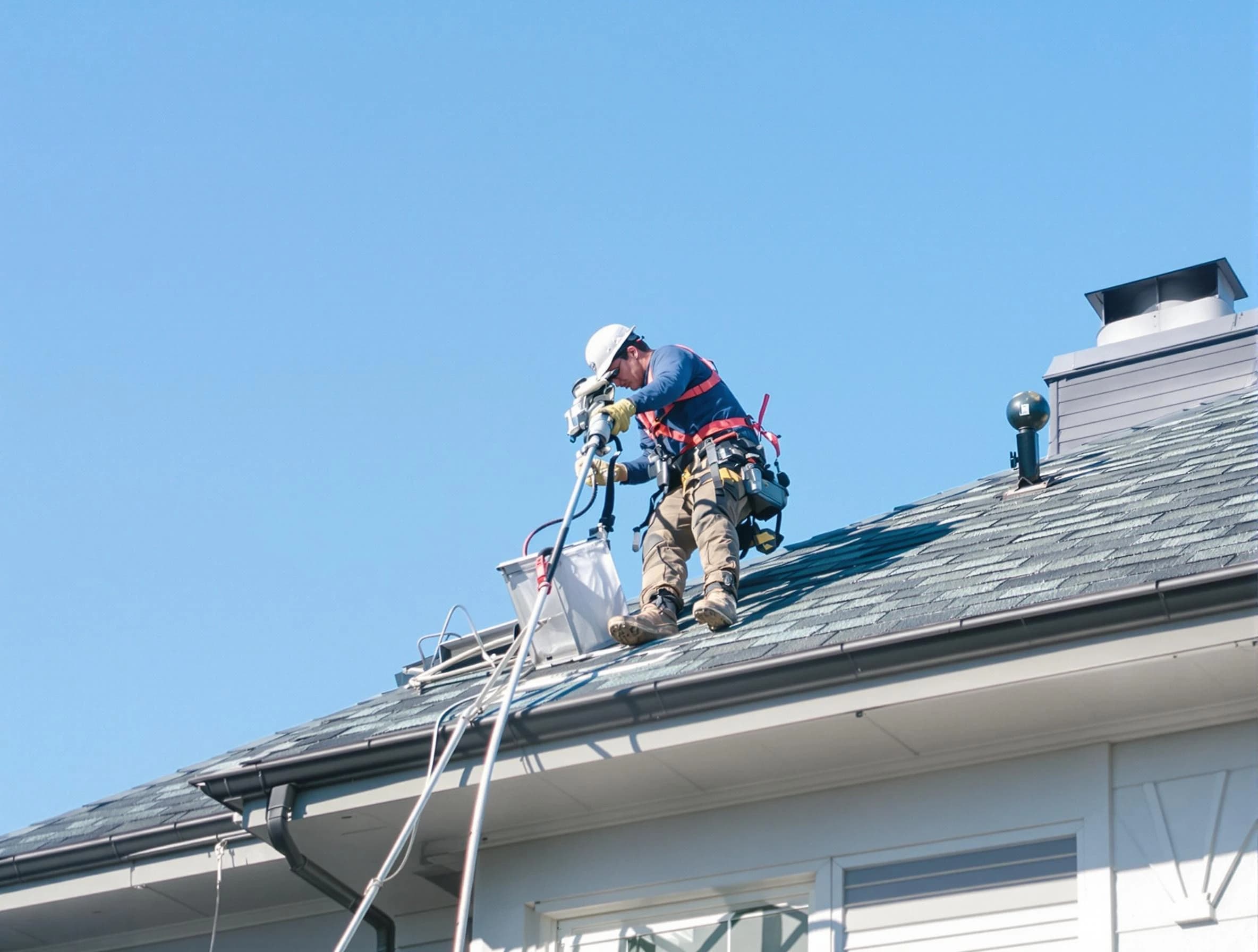 Commerce City Dryer Vent Cleaning certified technician cleaning a roof-mounted dryer vent system in Commerce City