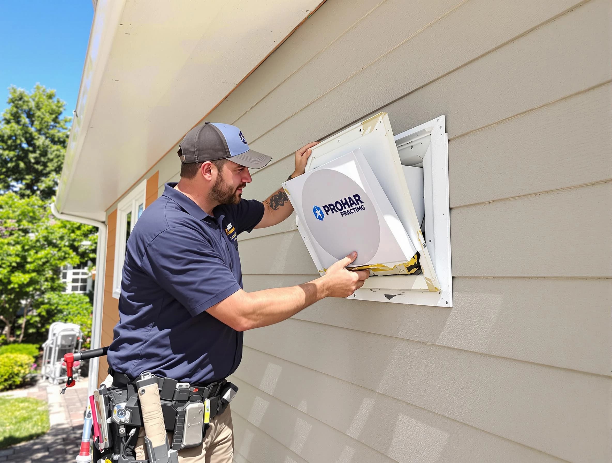 Commerce City Dryer Vent Cleaning technician installing a new protective dryer vent cover on a home in Commerce City