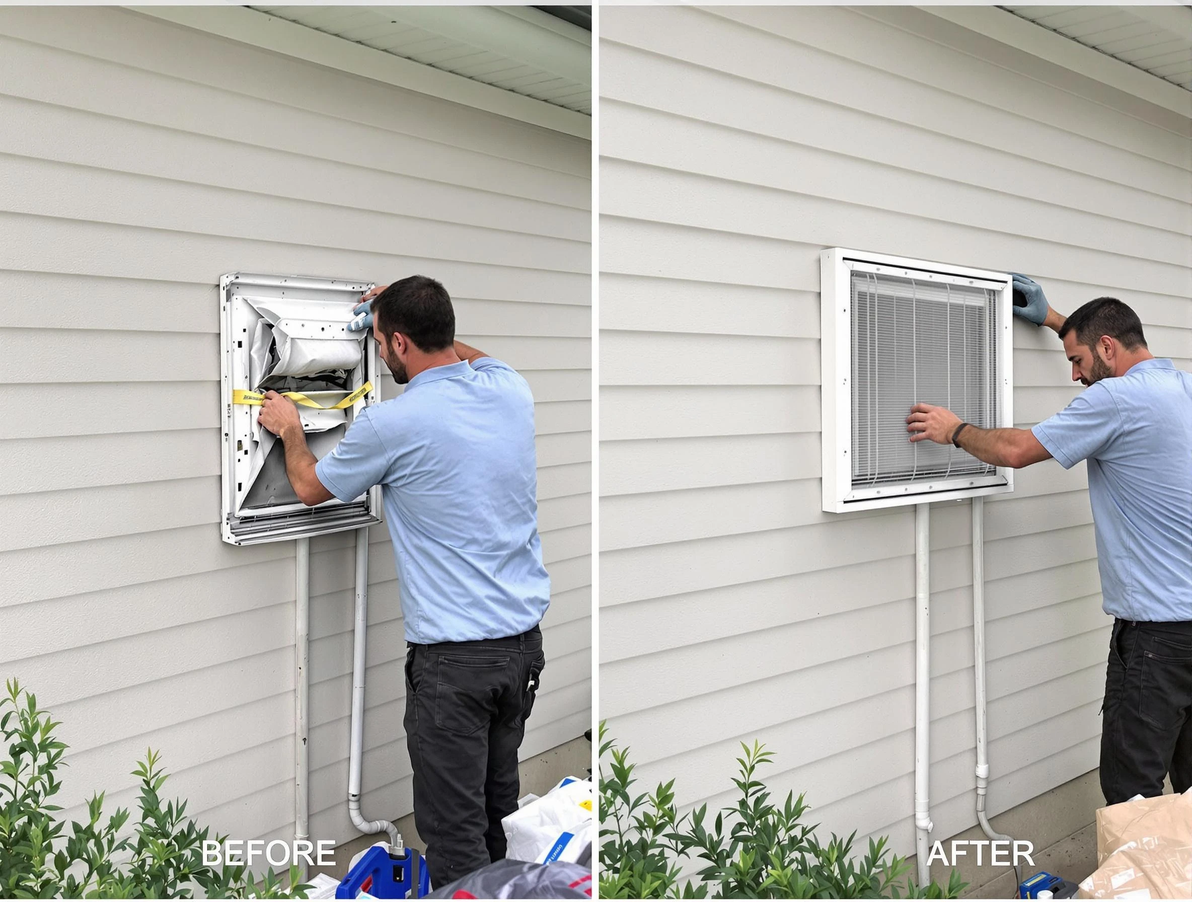 Commerce City Dryer Vent Cleaning technician installing high-quality dryer vent cover at a residential property in Commerce City